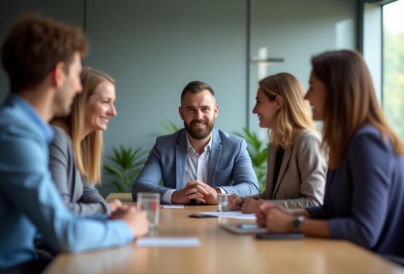 Professional photo of the Pathfinder Talent Solutions team in a meeting.